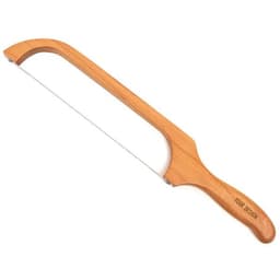 A serrated bread knife with a wooden handle and a stainless steel blade, featuring a simple logo on the handle.