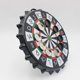 A drink bottle cap-shaped dartboard featuring a black, red, and green design with numbered sections. It has a logo.