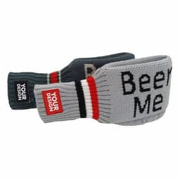 A crochet beverage mitt in grey and black, featuring ribbed cuffs and a logo.
