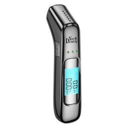 A sleek black alcohol breath tester with a digital display and three indicator lights.