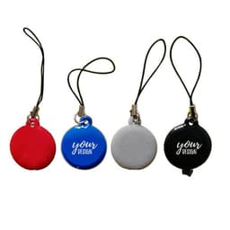 A set of mobile phone screen cleaner keychains in red, blue, grey, and black, each with a logo and a strap.