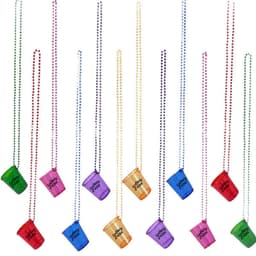 A variety of colourful shot glass bead necklaces in purple, pink, orange, green, and blue with attached beaded strings.