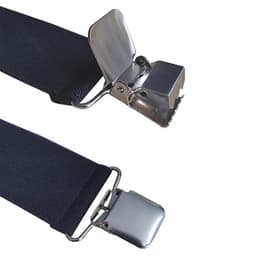 Black adjustable elastic suspenders with metal clips for securing to clothing. Features a sturdy fastening mechanism.