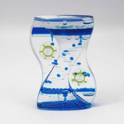A liquid motion bubbler timer in clear, featuring blue liquid and green swirl designs, with a logo visible.