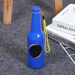 A blue drink bottle shaped like a beer bottle, featuring a black circular area and a yellow wrist strap.