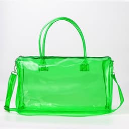 A transparent green duffle bag with handles and a removable strap, featuring a simple design and a logo.