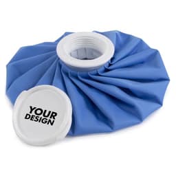 A reusable first aid ice pack in blue with a white lid and a branded logo.