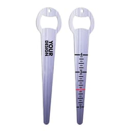 A drink bottle opener and seed depth tool in silver, featuring a logo and measurement markings on one side.