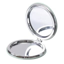 A custom folding pocket mirror with a polished silver exterior and a clear reflective surface inside.