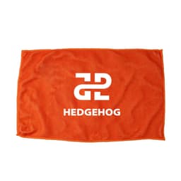 An orange microfiber rally towel featuring a logo in white. Ideal for leisure and outdoor activities.