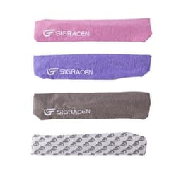 A set of four non-slip sports headbands in pink, purple, brown, and grey, featuring a logo on each band.