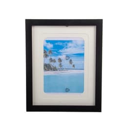 A solid wood photo frame in black, featuring a scenic beach image with palm trees and blue skies.