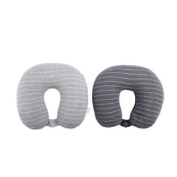 A U-shaped travel neck pillow in grey and dark grey with a striped pattern, featuring a button closure and logo.