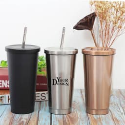 A drink bottle set featuring three stainless steel tumblers in black, silver, and rose gold, each with a straw and a logo.