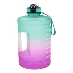 A drink bottle in a gradient of teal and pink, featuring a handle and measurement markings. It has a logo on the cap.