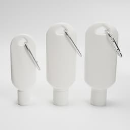 Three white gel bottles with carabiners, available in varying sizes, featuring a simple design and secure caps.