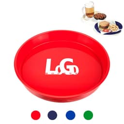 A red round plastic serving tray with a logo, accompanied by samples of food and drink.