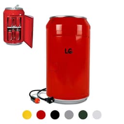A red can-shaped mini fridge with a rounded top, featuring a logo and a door that opens to reveal space for drinks.