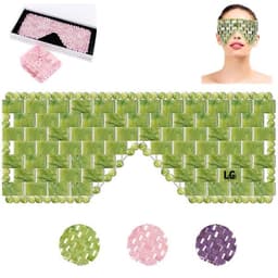 A jade eye mask in green, with small textured embellishments, displayed alongside a pink version and a model wearing the mask.