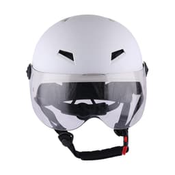 A white electric vehicle helmet with a transparent visor and adjustable chin strap. It features ventilation openings.
