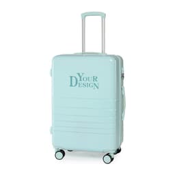 A light blue 24-inch wheeled suitcase with a handle and four wheels, featuring a logo on the front.