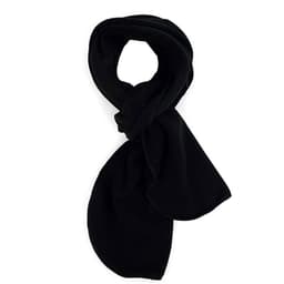 A black polar fleece scarf, neatly folded, with a soft and warm texture. It features a logo on one side.