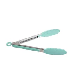 Food tongs with silicone clips in a mint green colour, featuring a stainless steel handle and a circular grip.