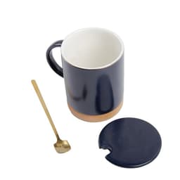 A navy ceramic mug with a wooden bottom, a gold spoon, and a matching lid. Features a logo.