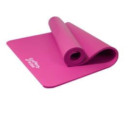 A pink yoga mat with a strap, rolled partially with a textured surface, featuring a logo.
