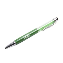 A green 2 in 1 crystal stylus pen featuring a shiny metal clip and a clear barrel with glitter.