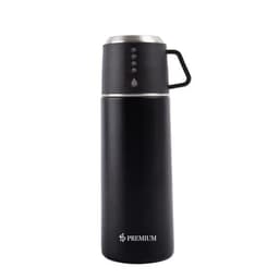 A drink bottle in matte black featuring a double wall design, a handle, and a lid with a branding logo.