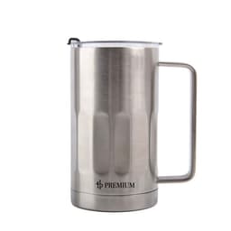 A drink bottle with a stainless steel finish, featuring a lid and a sturdy handle, and includes a logo.