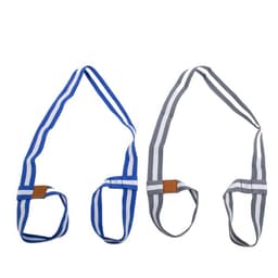 Adjustable yoga mat straps in blue and grey, featuring loops for easy carrying and a decorative leather detail.