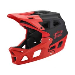 A red and black adult motocross helmet with ventilation openings and a logo.