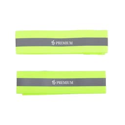 A pair of adjustable reflective elastic armbands in bright yellow with grey stripes and a logo.