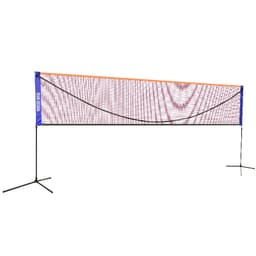 A portable badminton net with a blue and orange top, featuring pole supports for stability. Ideal for outdoor leisure.
