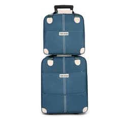 A two-piece lightweight suitcase set in blue with handle and wheels, featuring a logo on the front.