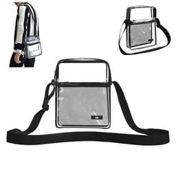 A small clear crossbody bag with a mesh compartment and a black strap, featuring a logo and a transparent design.