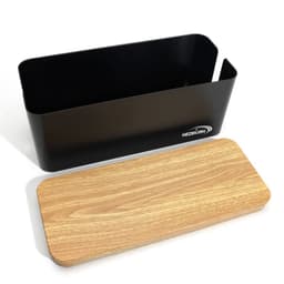 A black cable storage box with a wooden lid, featuring a logo on the side.
