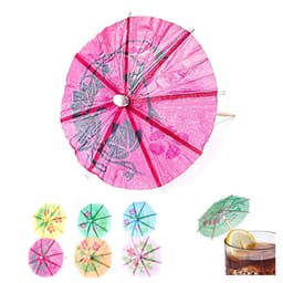 A set of vibrant cocktail umbrellas in various colours, including pink, green, and yellow, with a decorative design, featuring a logo.