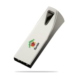 A silver 32 GB USB flash drive with a logo featuring a watermelon and palm tree design.