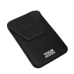 A black adhesive phone credit card holder with a sleek design and a logo area for customisation.