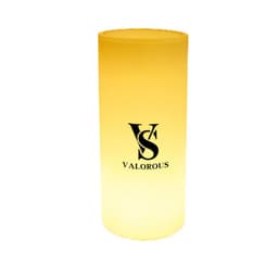 A cylindrical LED illuminated flower pot in soft yellow with a logo on the front.