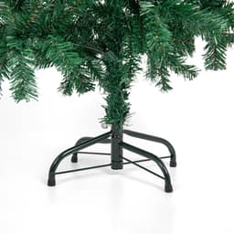 A green artificial Christmas tree with a black metal base, featuring realistic branch detail.