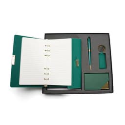 A6 PU spiral notebook gift set in teal, featuring a notebook, pen, keyring, and cardholder in a gift box.