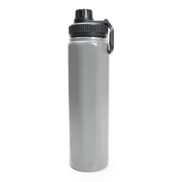 A drink bottle featuring a sleek grey stainless steel design, with a black screw-on lid and handle.