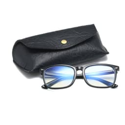 A black sunglasses case with button closure and a pair of sunglasses displaying blue-tinted lenses.