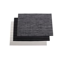 A set of three PVC striped placemats in black, white, and grey, featuring a subtle striped design.