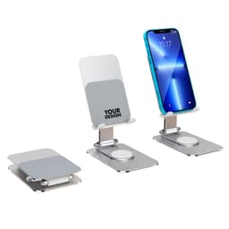 A foldable phone stand holder in grey and silver, featuring a logo and designed for 360-degree rotation.