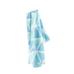 A chiffon shawl in shades of blue with a geometric pattern, featuring white accents and a lightweight design.